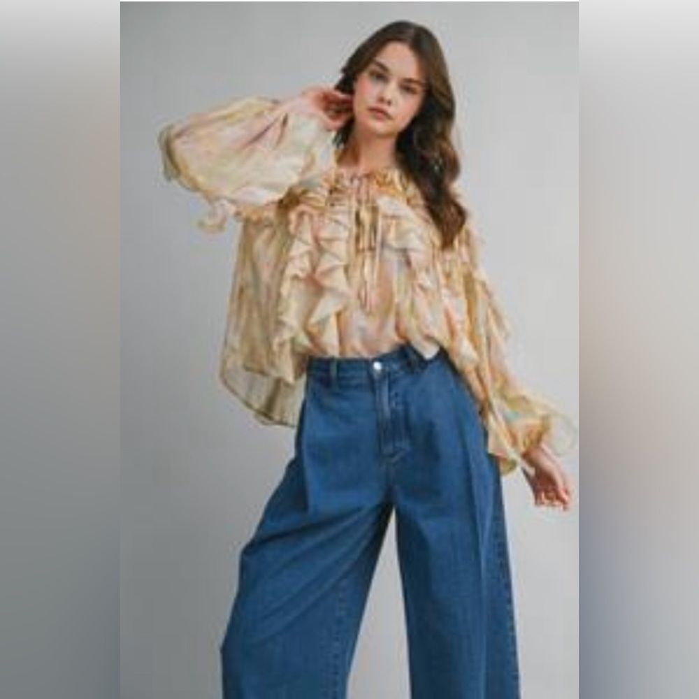 MARBLE Cream and Tan Ruffled Blouse Long sleeve 
Boho NWT